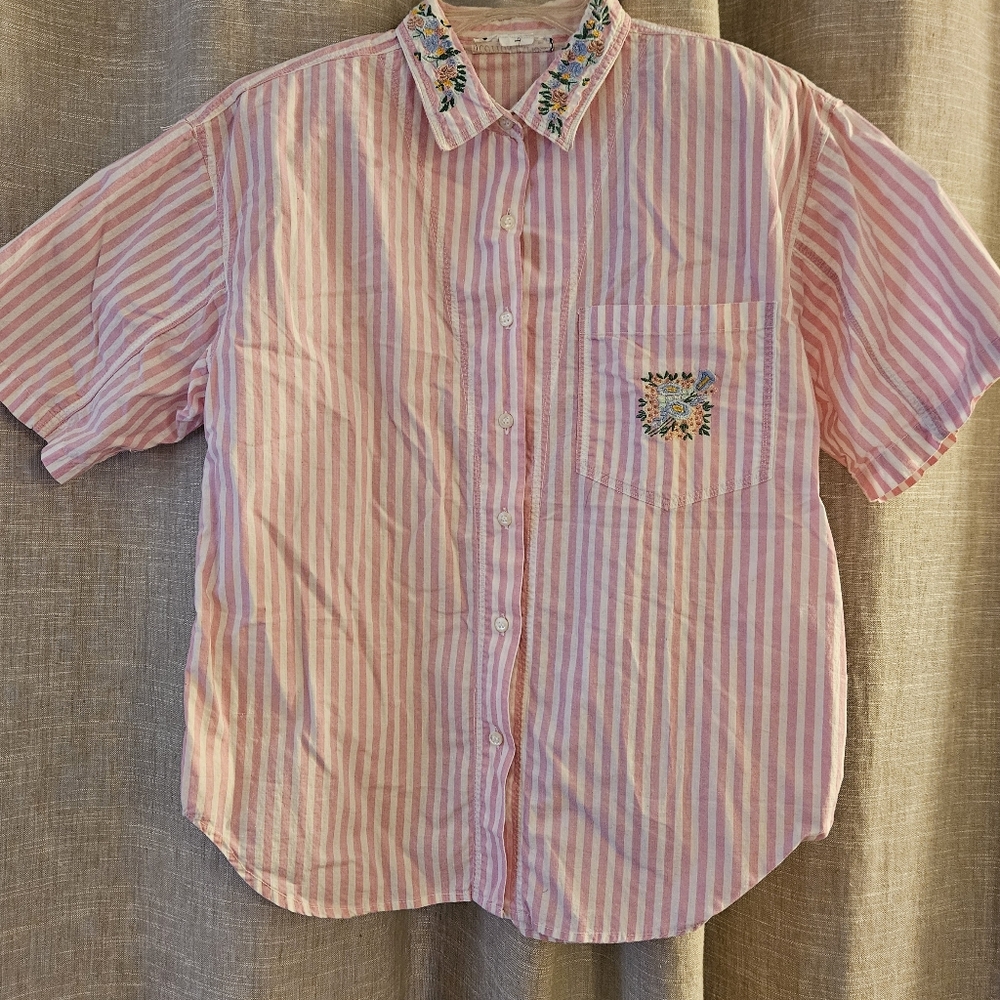 Vintage Cotton Express Pink & White Stiped Blouse M/L